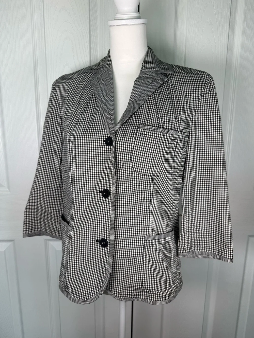 Talbots Boho Size 12 P Black & White Gingham Check Blazer Jacket Stretch Cotton